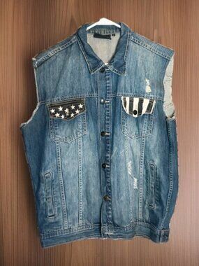 Stone Wash Denim Jean Jacket Vest American Flag Sz M Men's Black & White Grunge